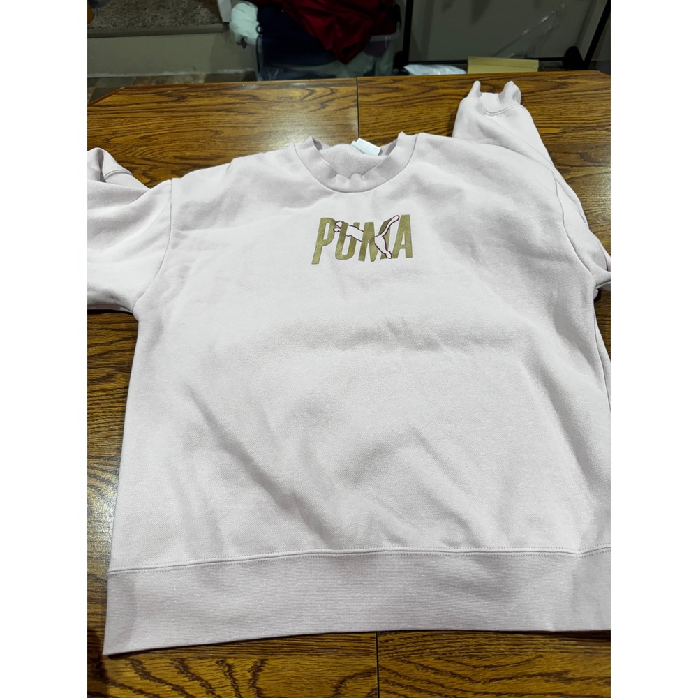 Puma Womens Small Pink Crewneck Sweatshirt Metallic Gold Logo Fleece Pullover